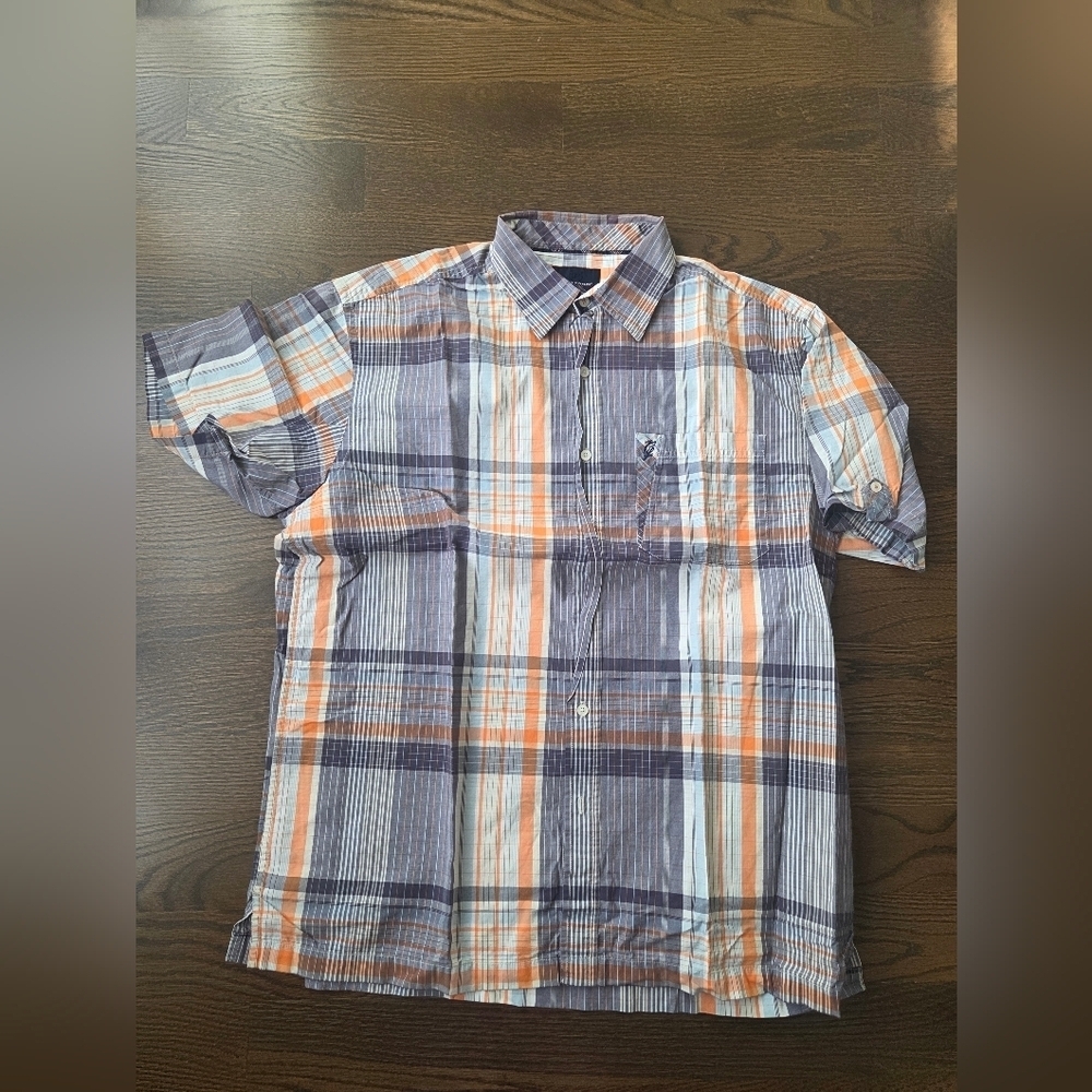 Phat Farm Men's Plaid Short Sleeve Shirt - Orange and Blue Sz.2XL